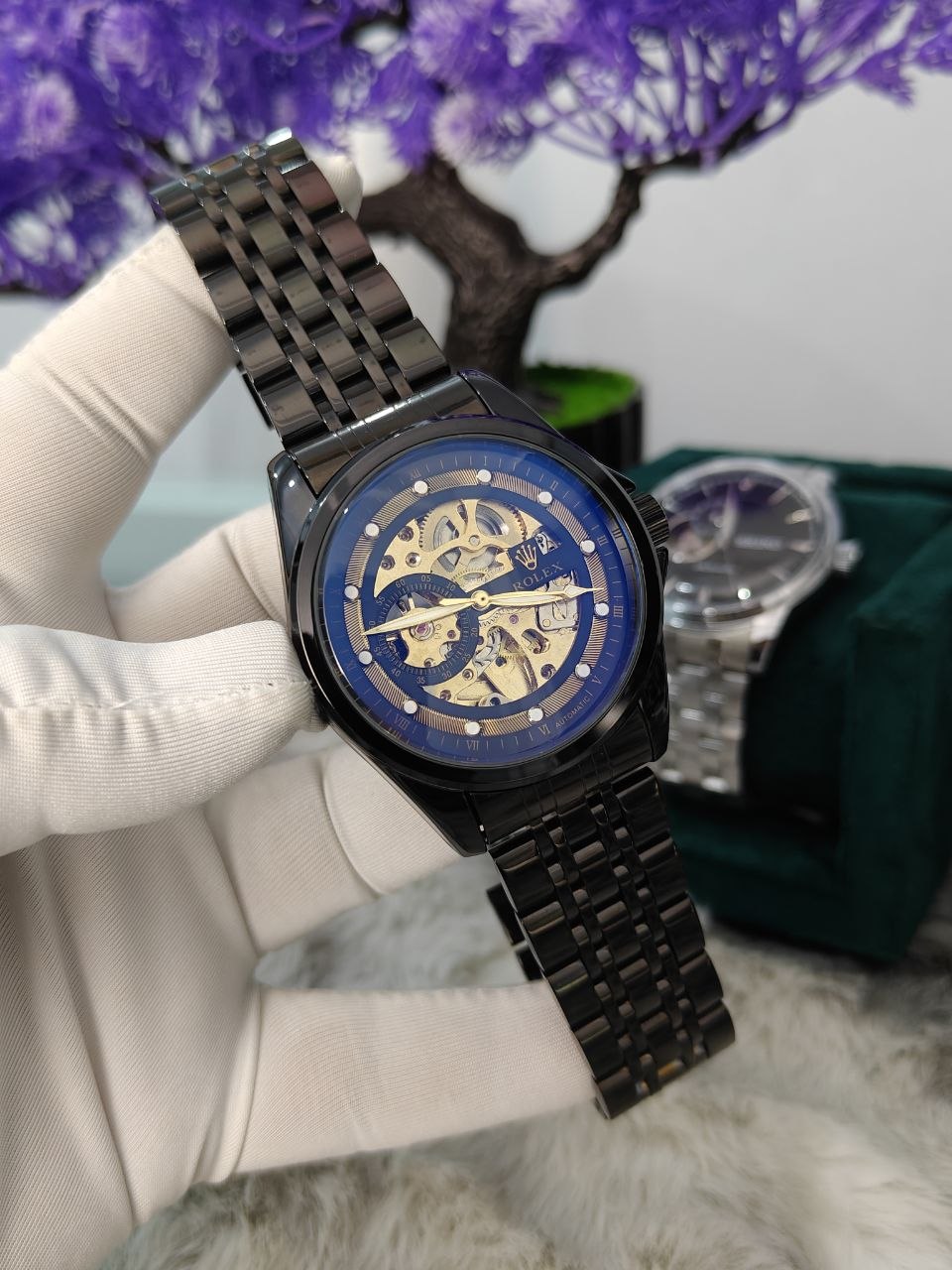 ROLEX Mechanical AA Grade Midnight Black Skeleton Watch – golden Dial Edition